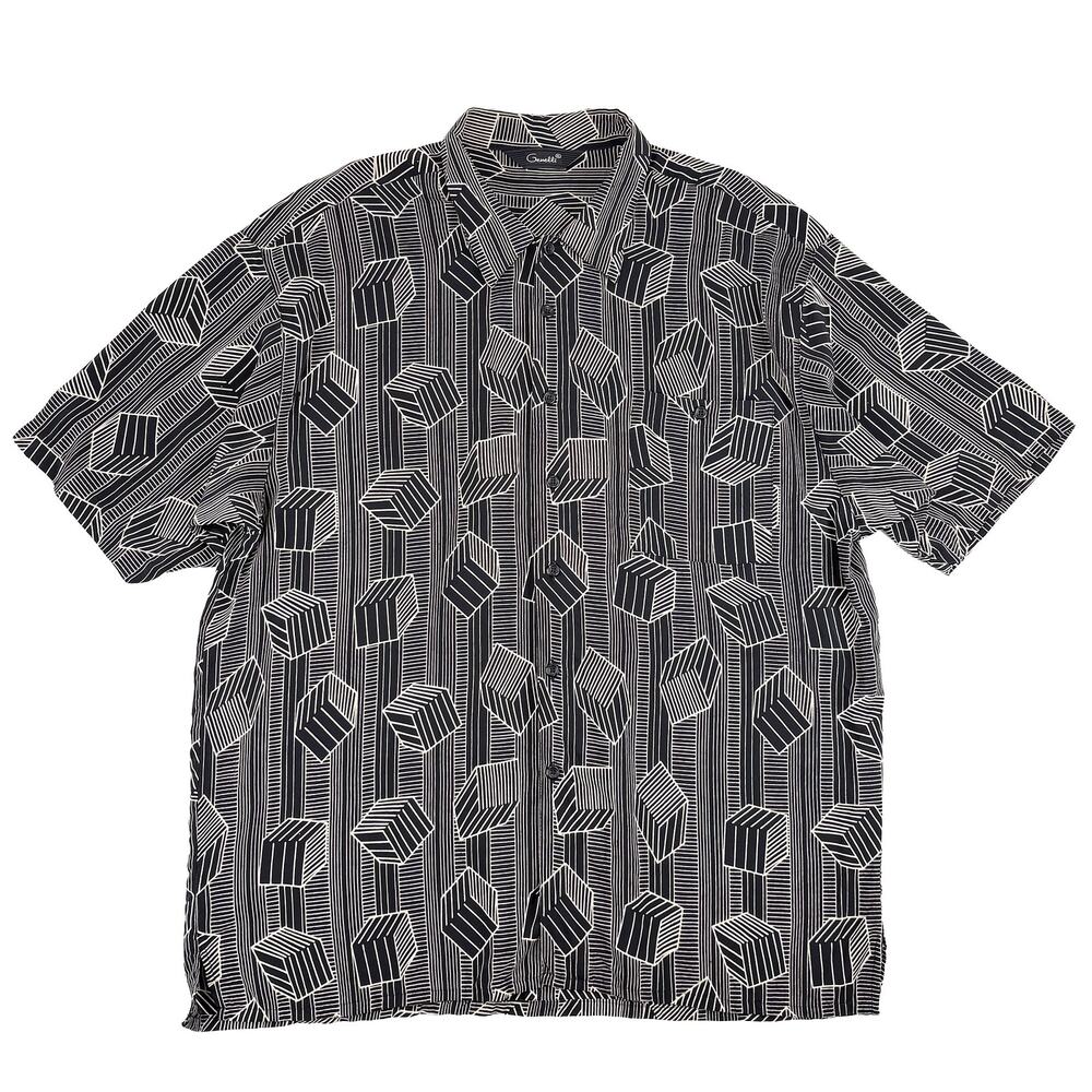 Genelli Men's Silk Shirt XL Black Tan Geometric Cube Short Sleeve Retro